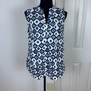 Mud Pie Sleeveless Blouse Women's Size S Blue White Ikat Print V-Neck Top